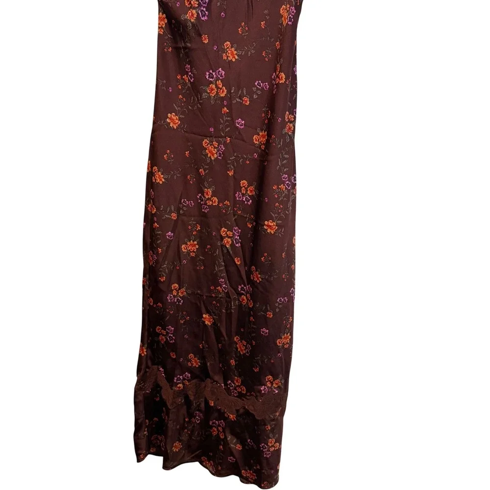 Free People Morning Dove Floral Lace Trim Satin Maxi Dress Brown Womens Medium M